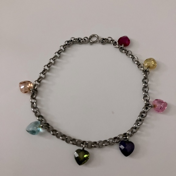 Real precious gemstone sterling silver multicolor heart charm bracelet - Picture 4 of 7